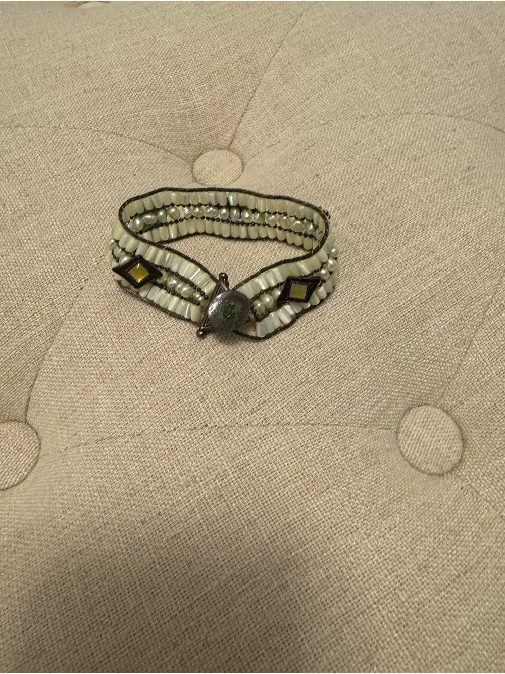 Cream and Pale Green Beaded Stretch Bracelet with Central Stone Accent